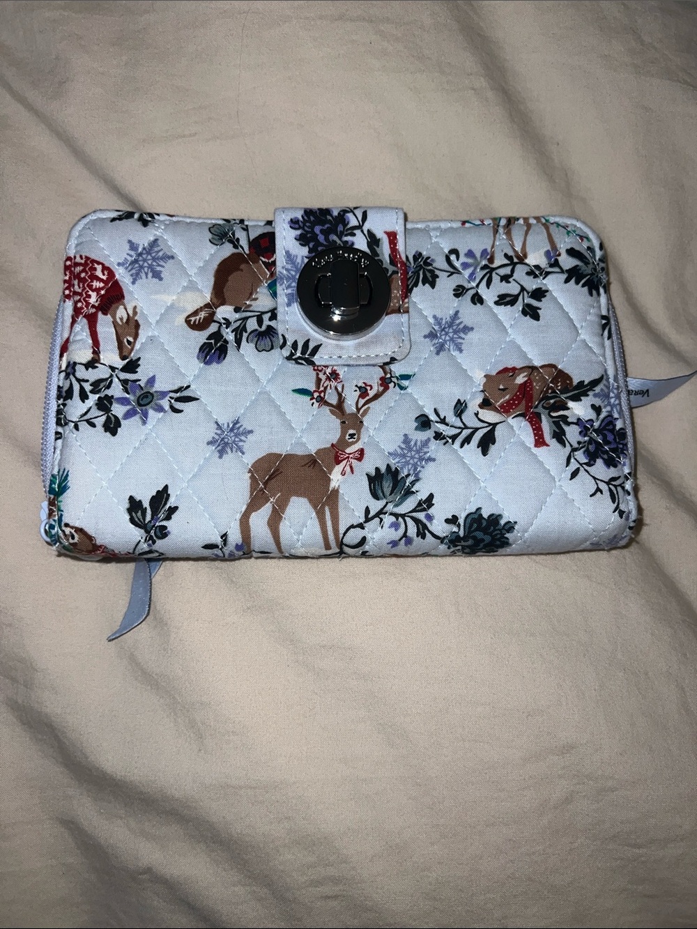 Vera Bradley Quilted Reindeer Print Wallet - White with Brown and Red Accents